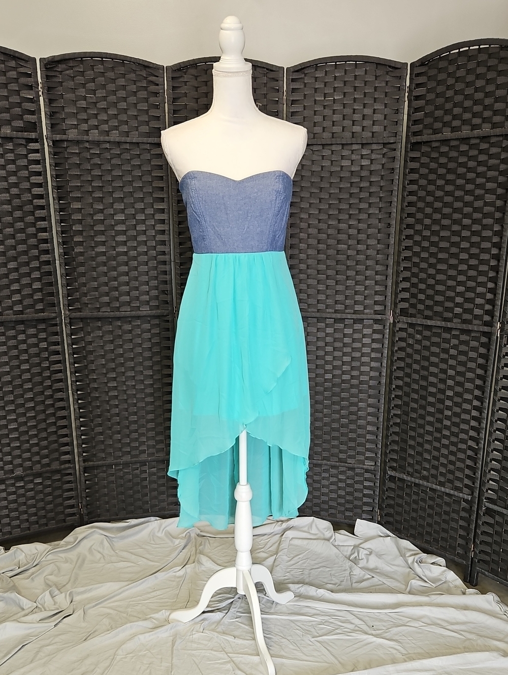 Strapless Two-Tone Hi-Low Dress in Blue and Aqua